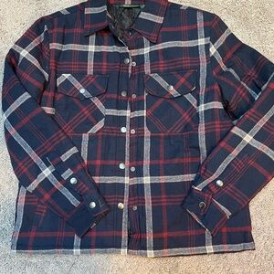 Navy and Red Quilted Plaid Button Up Jacket